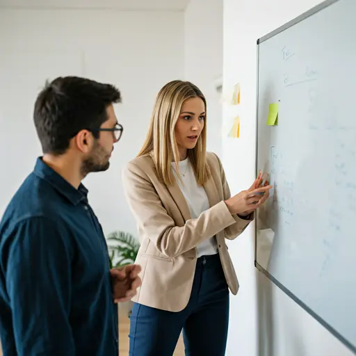 Profesional explicando estrategia en pizarra durante sesión de innovación y desarrollo de proyectos